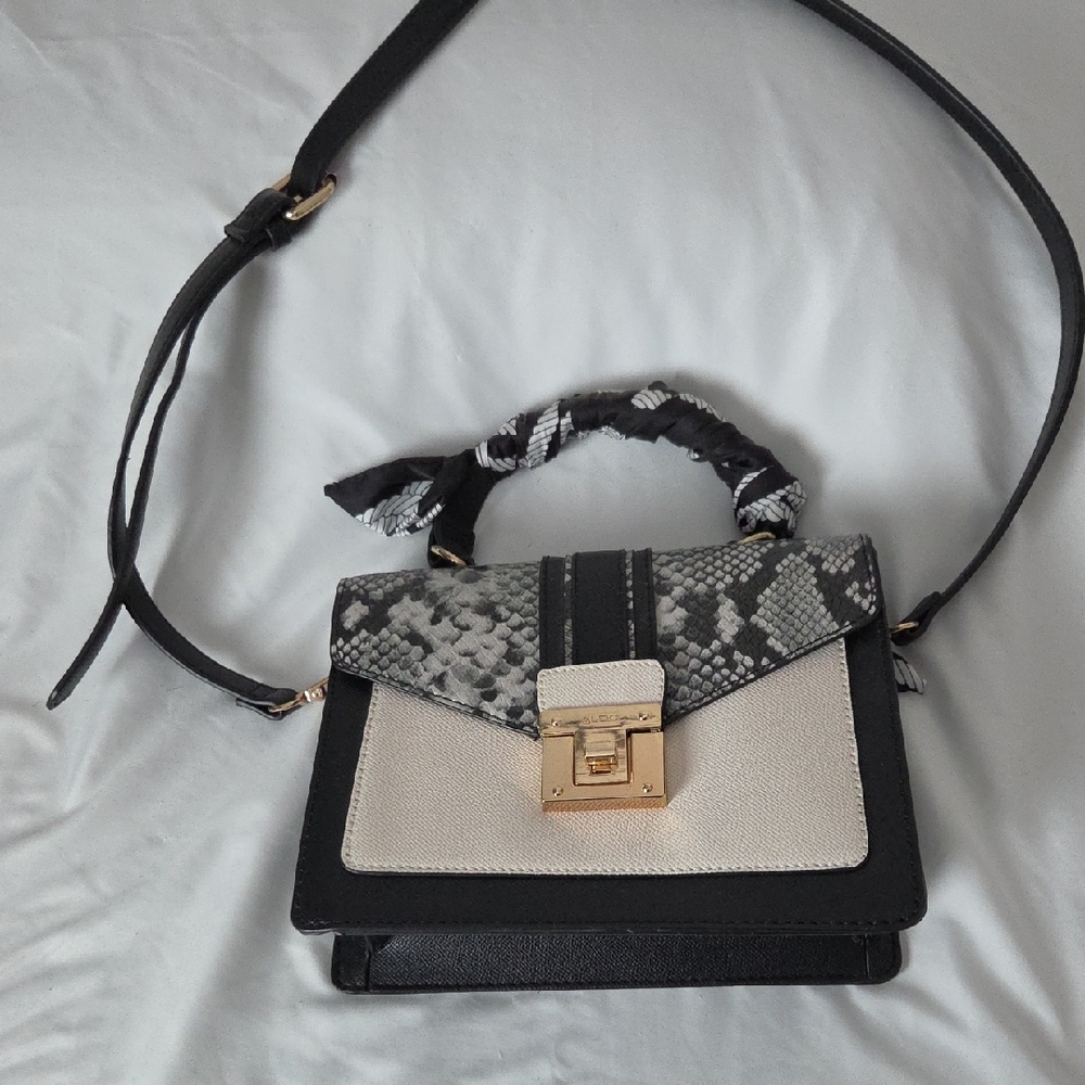 Aldo Black and Cream Python-Print Accent Crossbody